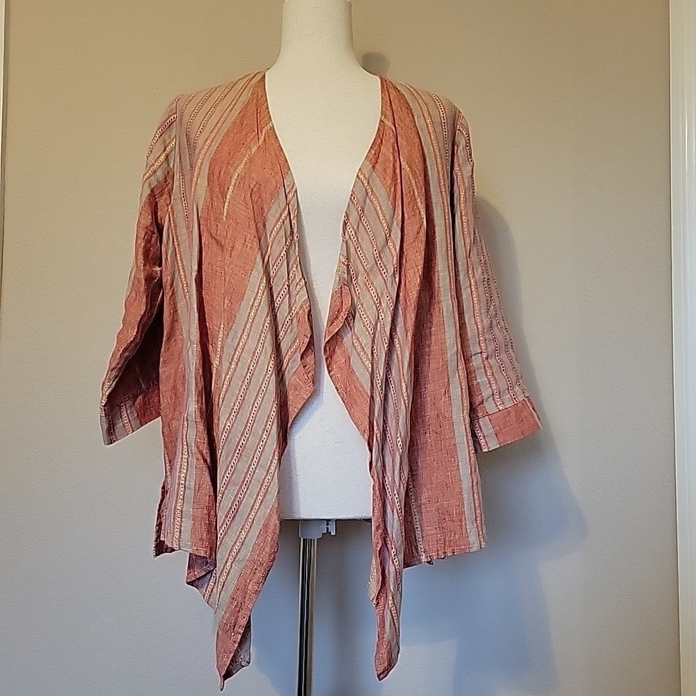 Kiyo Open Front Linen Cardigan Size M Artsy Lagenlook Boho Oversized Stripe USA